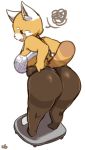  adjusting_clothes aggressive_retsuko angry ass belly blush bra breasts curvy fat fat_folds fur highres huge_ass large_breasts lightsource long_eyelashes love_handles marking_on_cheek markings open_mouth panties pantyhose plump red_panda red_panda_ears red_panda_tail retsuko sagging_breasts surprised thick_eyebrows thick_thighs thighs undersized_clothes underwear weighing_scale weight_conscious white white_bra wide_hips 