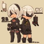  1boy 1girl bangs black_coat black_dress black_gloves black_hairband black_legwear black_shorts blindfold bob_cut buttons character_name chibi closed_mouth coat covered_eyes dress feather-trimmed_sleeves feather_trim frown full_body gloves hairband highres legs_apart mole mole_under_mouth nier_(series) nier_automata pod_(nier_automata) puffy_short_sleeves puffy_sleeves short_dress short_hair short_sleeves shorts silver_hair simple_background smile standing sunagimo_(nagimo) thigh-highs twitter_username yellow_background yorha_no._2_type_b yorha_no._9_type_s zettai_ryouiki 