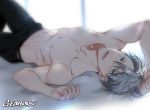  1boy artist_name blue_eyes gearous lying male_focus nipples on_back open_mouth pants shirtless silver_hair toned toned_male track_pants viktor_nikiforov yuri!!!_on_ice 