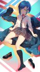  1girl black_legwear blue_hair blush commentary darling_in_the_franxx food fruit green_eyes hair_ornament hairclip highres ichigo_(darling_in_the_franxx) jacket mouth_hold necktie plaid plaid_skirt shoes shoes_removed short_hair sitting skirt socks solo strawberry striped_neckwear usanekorin 