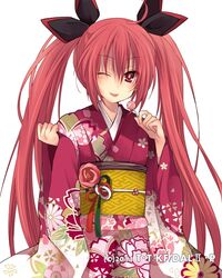  1girl ;p bangs black_ribbon cowboy_shot date_a_live eyebrows_visible_through_hair floral_print flower hair_between_eyes hair_ribbon hibiki_mio holding_lollipop itsuka_kotori japanese_clothes kimono long_hair obi one_eye_closed pink_flower red_kimono redhead ribbon sash simple_background solo standing tongue tongue_out twintails very_long_hair white_background yukata 