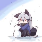  1girl animal_ears bow bowtie commentary_request fox_ears fox_tail fur_trim gloves grey_hair kemono_friends long_hair long_sleeves mahe_(hammerdskd) multicolored_hair necktie pantyhose pleated_skirt silver_fox_(kemono_friends) skirt snow snowman solo squatting tail 
