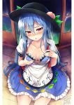  1girl black_hat blue_bra blue_hair blue_skirt blush bow bow_bra bra breasts cleavage collarbone commentary_request fingernails food fruit hair_between_eyes hat highres hinanawi_tenshi lace lace-trimmed_bra leaf long_hair looking_at_viewer medium_breasts peach petticoat puffy_short_sleeves puffy_sleeves red_eyes self_fondle shiny shiny_hair short_sleeves sitting skirt solo sweat tirotata touhou underwear very_long_hair 