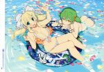  2girls absurdres bangs bare_arms bare_legs bare_shoulders bikini blonde_hair blush bow breasts butt_crack cleavage day fingernails floral_print frills front-tie_bikini front-tie_top green_eyes green_hair hair_bow hair_ornament hairclip highres hikage_(senran_kagura) huge_filesize innertube large_breasts looking_at_viewer multiple_girls official_art open_mouth outdoors partially_submerged petals senran_kagura senran_kagura_(series) senran_kagura_peach_beach_splash short_twintails sidelocks smile swimsuit twintails v water yaegashi_nan yellow_eyes yomi_(senran_kagura) 