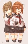  2girls anchor_symbol artist_name black_legwear black_sailor_collar black_skirt blush brown_hair closed_mouth eyebrows_visible_through_hair folded_ponytail hair_between_eyes hair_ornament hairclip ikazuchi_(kantai_collection) ina_(1813576) inazuma_(kantai_collection) kantai_collection kneehighs locked_arms long_hair long_sleeves looking_at_another multiple_girls neckerchief pleated_skirt red_neckwear sailor_collar school_uniform serafuku short_hair simple_background skirt smile 