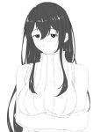  1girl blush breast_hold breasts crossed_arms hair_between_eyes high_collar highres kantai_collection long_hair looking_at_viewer monochrome niwatazumi original sidelocks sketch sleeveless solo sweater_vest tatebayashi_sakurako upper_body white_background 