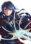  1girl armor blue_eyes blue_hair cape fire_emblem fire_emblem:_kakusei fire_emblem_heroes highres long_hair looking_at_viewer lucina polearm smile solo spear sumire_l.a. tiara weapon 