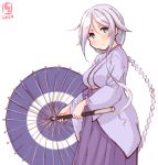  1girl alternate_costume artist_logo braid commentary_request cowboy_shot dated green_eyes hair_flaps hair_tie hakama highres japanese_clothes kanon_(kurogane_knights) kantai_collection kimono lavender_kimono long_hair looking_at_viewer oriental_umbrella purple_hakama purple_umbrella silver_hair simple_background single_braid smile solo standing umbrella umikaze_(kantai_collection) very_long_hair white_background 