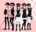  5girls bare_shoulders boots breasts cleaver commentary_request darling_in_the_franxx hat holding_whip ichigo_(darling_in_the_franxx) ikuno_(darling_in_the_franxx) kokoro_(darling_in_the_franxx) large_breasts miku_(darling_in_the_franxx) multiple_girls peaked_cap sakuragouti whip zero_two_(darling_in_the_franxx) 