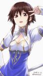  1girl arm_up bangs breasts brown_eyes brown_hair chai_xianghua cleavage dated eyebrows_visible_through_hair hair_between_eyes holding holding_sword holding_weapon looking_at_viewer open_mouth short_hair_with_long_locks simple_background small_breasts smile solo soul_calibur soulcalibur_vi sword tea_(nakenashi) twitter_username v weapon white_background 