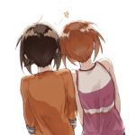  2girls brown_hair commentary from_behind girls_und_panzer leaning_on_person leaning_to_the_side multiple_girls nishizumi_maho nishizumi_miho orange_shirt pink_shirt shirt short_hair siblings simple_background sisters star tank_top upper_body white_background younger yuuyu_(777) 