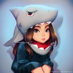  1girl brown_hair commentary eyebrows_visible_through_hair face grey_eyes lips long_hair looking_at_viewer nose nudtawut_thongmai original shark_costume sitting solo watermark web_address younger 