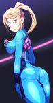  1girl ass blonde_hair blue_bodysuit bodysuit breasts commentary_request covered_nipples danpu dutch_angle from_behind green_eyes gun handgun high_ponytail highres holding holding_gun holding_weapon legs_together looking_at_viewer looking_back medium_breasts metroid mole mole_under_mouth parted_lips ponytail samus_aran shiny shiny_clothes shiny_hair shiny_skin skin_tight solo standing weapon zero_suit 