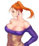  1girl bangs bare_shoulders breasts brown_eyes cleavage collarbone commentary_request corset dragon_quest dragon_quest_viii dress earrings hand_on_hip jessica_albert jewelry large_breasts lips long_hair long_sleeves looking_at_viewer mikanman open_mouth orange_hair signature simple_background solo strapless strapless_dress twintails upper_body white_background 