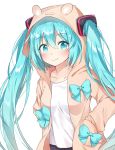  1girl animal_ears animal_hood bangs blue_bow blue_eyes blue_hair blush bow caramell0501 closed_mouth collared_shirt commentary_request eyebrows_visible_through_hair hair_between_eyes hair_ornament hands_in_pockets hatsune_miku hood hood_up hoodie long_hair looking_at_viewer shirt simple_background smile solo twintails very_long_hair vocaloid white_background white_shirt 