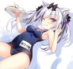  1girl ;) animal_ears azur_lane blonde_hair blush breasts cat_ears commentary_request cup dutch_angle fang food fujima_takuya hair_ribbon long_hair looking_at_viewer medium_breasts one_eye_closed ribbon school_swimsuit silver_hair smile solo swimsuit teacup tray twintails v yukikaze_(azur_lane) 