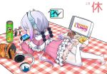  1girl ass barefoot blue_eyes character_doll dated donuts doritos dragon_girl dunkin&#039;_donuts envysoi feet food from_behind headphones headphones_removed highres horns kanna_kamui kobayashi-san_chi_no_maidragon kobayashi_(maidragon) long_hair long_sleeves lying multicolored_hair panties parody playing_games pringles purple_hair silver_hair simple_background soles tail thigh-highs toeless_legwear toes tooru_(maidragon) white_background white_legwear 