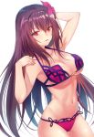  1girl bikini breasts fate/grand_order fate_(series) flower hair_flower hair_ornament hand_on_own_shoulder hibiscus large_breasts looking_at_viewer minatoasu navel open_mouth pink_bikini purple_bikini purple_hair red_eyes scathach_(fate/grand_order) scathach_(swimsuit_assassin)_(fate) smile swimsuit white_background 