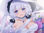  1girl armlet azur_lane bangs bare_shoulders blue_eyes blush bouquet breasts choker cleavage dress elbow_gloves eyebrows_visible_through_hair floating_hair flower gloves hair_ornament hair_ribbon hand_on_headwear hat holding holding_bouquet illustrious_(azur_lane) jewelry lace-trimmed_hat large_breasts light_particles long_hair looking_at_viewer low_twintails mole mole_under_eye naomi_(fantasia) open_mouth pendant ribbon sapphire_(stone) sidelocks smile solo sparkle strapless strapless_dress sun_hat tareme tress_ribbon twintails white_dress white_gloves white_hair wind 