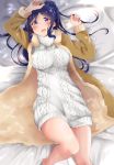  1girl alternate_costume bed_sheet blush breasts from_above highres kawa_nen large_breasts long_hair long_sleeves looking_at_viewer love_live! love_live!_school_idol_project love_live!_sunshine!! lying matsuura_kanan on_back on_bed open_mouth ponytail solo sweater violet_eyes 