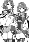  1girl ass back_cutout blush breasts closed_mouth covered_navel dimples_of_venus earrings fingerless_gloves from_behind gloves greyscale hand_on_ass hand_on_own_chest highres pyra_(xenoblade) jewelry large_breasts looking_at_viewer looking_back monochrome shisoneri short_hair short_shorts shorts smile solo_focus tiara vambraces wavy_mouth xenoblade_(series) xenoblade_2 