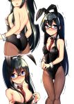  1girl animal_ears binsen black_hair black_leotard blue_eyes blush breasts brown_legwear bunny_tail bunnysuit commentary_request cowboy_shot detached_collar embarrassed glasses head_out_of_frame kantai_collection leotard long_hair looking_at_viewer multiple_views ooyodo_(kantai_collection) pantyhose rabbit_ears red_neckwear semi-rimless_eyewear small_breasts strapless strapless_leotard tail under-rim_eyewear wrist_cuffs 
