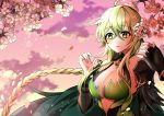  1girl bare_shoulders braid breasts cape cherry_blossoms cleavage elf elsword fingerless_gloves gloves green_eyes green_hair hamericano large_breasts long_hair pointy_ears rena_(elsword) 