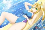  1girl alfred_cullado bare_shoulders blonde_hair blue_swimsuit blush braid breasts cleavage closed_mouth competition_swimsuit covered_navel covered_nipples dutch_angle elf eyebrows_visible_through_hair green_eyes hair_between_eyes inflatable_raft large_breasts leafa long_hair looking_at_viewer lying on_back one-piece_swimsuit pointy_ears ponytail shiny shiny_hair shiny_skin smile solo swimsuit sword_art_online twin_braids very_long_hair water wet 