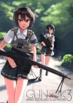 2girls bangs black_eyes black_hair blurry blurry_background closed_mouth dreadtie dress_shirt earphones gun hair_ornament hairclip highres loafers looking_at_viewer looking_to_the_side multiple_girls open_mouth original outdoors pleated_skirt running shirt shoes short_hair skirt swept_bangs weapon 