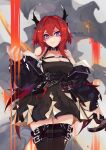  1girl absurdres arknights bare_shoulders collar demon_girl demon_horns dress highres holding holding_weapon horns jacket kiraracia looking_at_viewer molten_rock redhead surtr_(arknights) violet_eyes weapon 