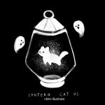  artist_name black_background cat english floating ghost glowing greyscale lantern monochrome nadia_kim no_humans original simple_background whiskers 