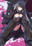  1girl absurdres agrius_metamorphosis animal_ears atalanta_(alter)_(fate) atalanta_(fate) bangs belt belt_buckle belt_collar black_belt black_legwear boar braid buckle cat_ears closed_mouth collar fang fate/grand_order fate_(series) french_braid frown green_eyes grey_hair hair_between_eyes hand_on_own_knee highres knees_together_feet_apart long_hair nanakaku single_braid sitting slit_pupils solo thigh-highs very_long_hair 