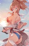  1girl american_flag_bikini ass belt bikini blue_eyes brown_hair clouds cowboy_shot dress flag_print from_behind gradient_sky hair_between_eyes highres kantai_collection looking_at_viewer looking_back neckerchief nekomimipunks open_clothes outdoors ponytail red_belt saratoga_(kantai_collection) side-tie_bikini side_ponytail sidelocks sky solo sunrise swimsuit swimsuit_under_clothes undressing white_dress white_neckwear 