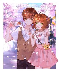  1boy 1girl :d antenna_hair black_pants brown_eyes brown_hair card_captor_sakura cellphone cherry_blossoms choker collarbone couple cowboy_shot day dress_shirt green_eyes hair_ribbon hand_on_another&#039;s_shoulder highres holding holding_phone kinomoto_sakura li_xiaolang miniskirt one_side_up open_mouth outdoors pants phone pink_ribbon pink_skirt ribbon shirt short_hair short_sleeves skirt sleeveless sleeveless_shirt smartphone smile standing v white_shirt yokocookie 