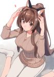  1girl alternate_costume animal_ears blush breasts brown_hair cat_ears collarbone fake_animal_ears flower gradient gradient_background hair_flower hair_intakes hair_ornament hands_on_own_head highres kantai_collection large_breasts long_hair long_sleeves looking_at_viewer masukuza_j medium_breasts pants pink_eyes ponytail ribbed_sweater shadow sidelocks sitting smile socks solo sweater very_long_hair wariza white_background white_footwear white_legwear white_pants yamato_(kantai_collection) 