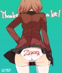  1girl absurdres artist_name back black_skirt clothes_writing commentary_request cowboy_shot crotch_seam dated english epaulettes followers from_behind girls_und_panzer green_background hand_on_hip highres jacket long_sleeves military military_uniform miniskirt number panties pleated_skirt print_panties red_jacket redhead rosehip short_hair signature simple_background skindentation skirt solo st._gloriana&#039;s_military_uniform standing thank_you thigh-highs trefoil underwear uniform wardrobe_malfunction watermark white_legwear white_panties whitebeltmaster 