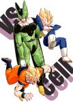  3boys annoyed armor blonde_hair boots cell_(dragon_ball) character_name d: dougi dragon_ball dragonball_z frown full_body looking_down male_focus multiple_boys nervous open_mouth outstretched_arms perfect_cell senka-san short_hair simple_background son_gokuu spiky_hair super_saiyan sweatdrop vegeta vs white_background wristband 