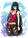  1girl bandage bandaged_arm bare_shoulders black_choker black_hair breasts choker collarbone long_hair looking_at_viewer mao_(expuella) medium_breasts pants shirt solo tales_of_(series) tales_of_berseria torn_clothes velvet_crowe very_long_hair yellow_eyes 