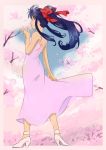  1girl back blue_hair blue_sky border bow breasts chamco cherry_blossoms dress from_behind hair_bow hand_up high_heels long_hair object_namesake petals pink_dress ponytail profile sakura_taisen shinguuji_sakura sidelocks sky solo standing wind 