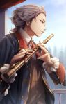  1boy blue_eyes brown_vest copyright_request flute holding holding_instrument instrument looking_out_window looking_to_the_side male_focus official_art solo standing tokumaru upper_body vest white_hair 