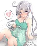  1girl akitsushima_(kantai_collection) anchor bare_shoulders bed blush breasts casual dated eyebrows_visible_through_hair giraffe_(ilconte) heart highres kantai_collection long_hair looking_at_viewer medium_breasts nightgown ribbon silver_hair sitting solo spaghetti_strap twitter_username violet_eyes 