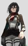  black_hair grey_eyes mikasa_ackerman military military_uniform otton scarf shingeki_no_kyojin short_hair solo three-dimensional_maneuver_gear uniform 