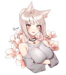  1girl :d absurdres artist_name bangs bare_shoulders blonde_hair blue_eyes blush breasts cherry_blossoms chungu collar crossed_arms eyebrows_visible_through_hair fang final_fantasy final_fantasy_xiv floral_background heterochromia highres large_breasts miqo&#039;te open_mouth ponytail ribbed_sweater shiny shiny_hair shoulder_cutout sidelocks signature smile solo sweater upper_body whisker_markings yellow_eyes 
