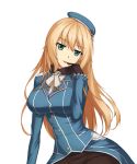  1girl atago_(kantai_collection) black_gloves black_legwear blonde_hair blue_hat blush breasts eyebrows_visible_through_hair ghound gloves hat highres kantai_collection large_breasts long_hair long_sleeves looking_at_viewer pantyhose parted_lips simple_background smile solo upper_body white_background 