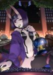  1girl bangs bare_shoulders black_legwear bob_cut breasts collarbone demon_girl eyebrows eyeliner facing_away fate/grand_order fate_(series) fingernails gem hand_up headpiece highres japanese_clothes long_sleeves makeup medium_breasts midriff mouth_hold navel oni_horns open_clothes open_mouth purple_hair revealing_clothes samidare short_hair shuten_douji_(fate/grand_order) sitting solo stomach thigh-highs tongue violet_eyes 