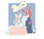  2015 2girls :d animal_ears blue_background blue_eyes blue_kimono closed_mouth commentary_request doremi english hair_bun hair_ornament hairclip happy_new_year japanese_clothes kimono kneeling korean_commentary long_sleeves mouse_ears multiple_girls new_year obi one_eye_closed open_mouth original rabbit_ears redhead sandals sash smile tabi white_legwear wide_sleeves 