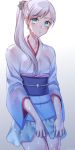  1girl blue_eyes commentary_request highres japanese_clothes kimono kimono_skirt kio_rojine ponytail rwby scar scar_across_eye see-through solo weiss_schnee wet wet_clothes white_hair 