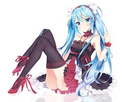  1girl 7th_dragon_(series) 7th_dragon_2020 absurdres black_legwear blue_eyes blue_hair bracelet choker collarbone dress full_body hair_between_eyes hairband hatsune_miku high_heels highres jewelry layered_dress long_hair looking_at_viewer pumps red_footwear red_hairband red_ribbon ribbon short_dress simple_background sitting sleeveless sleeveless_dress solo thigh-highs timins twintails very_long_hair vocaloid white_background 