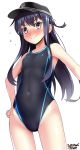  1girl absurdres akatsuki_(kantai_collection) anchor_symbol artist_name ass_visible_through_thighs black_hair black_swimsuit blush clothes_removed commentary_request competition_swimsuit cowboy_shot dated flat_cap flat_chest flying_sweatdrops grey_eyes hand_on_hip hat highres kantai_collection looking_at_viewer one-piece_swimsuit simple_background smile solo swimsuit tsuchimiya wavy_mouth white_background 