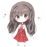  1girl :o bangs blush brown_eyes brown_hair chibi commentary_request cottontailtokki full_body hair_between_eyes hakama japanese_clothes long_hair looking_at_viewer miko original pantyhose parted_lips red_hakama red_ribbon ribbon simple_background solo standing very_long_hair white_background white_legwear zouri 